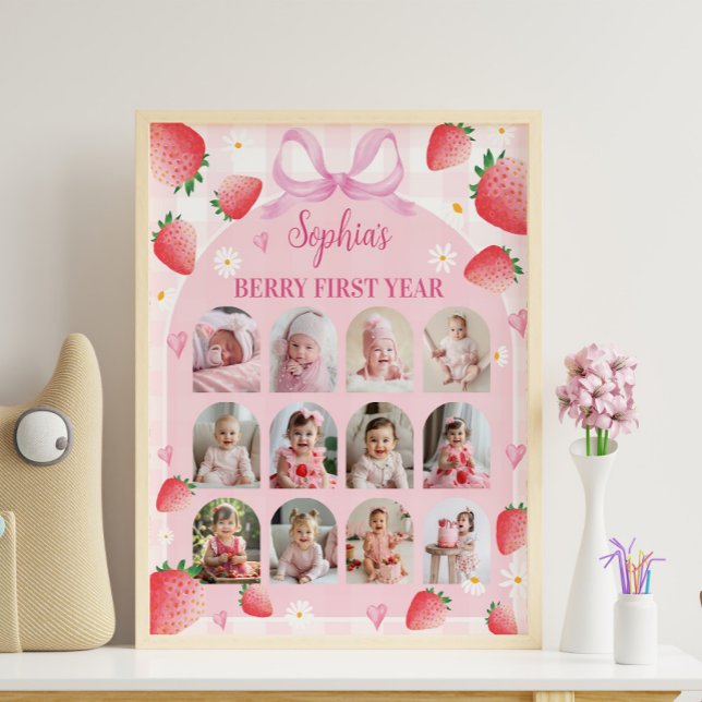 Bär Första Jordgubb Födelsedags Foto Milstolpe Poster (Skapare uppladdad)