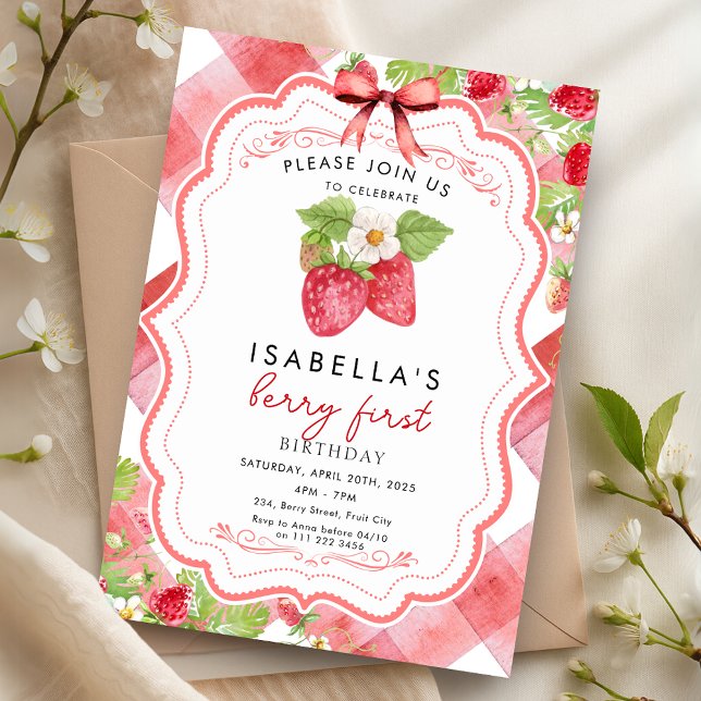 Bär Första Jordgubbe 1:a Sommar Födelsedag Gingham Inbjudningar (Berry First Strawberry 1st Summer Birthday Gingham Invitation)