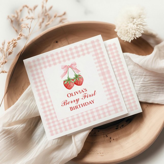 Bär första jordgubbs födelsedag Rosa Bow Gingham Pappersservett (Skapare uppladdad)