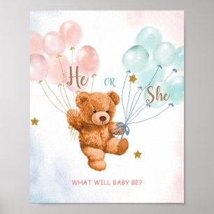 Bär hans eller hennes Rosa och Blue Balloon Välkom Poster