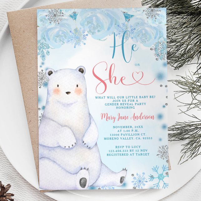 Bär honom eller henne Winter Snöflingor Gender Rev Inbjudningar (Skapare uppladdad)