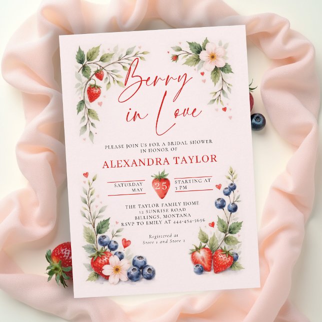 Bär i kärlek botanisk konst Rosa bröllopsdusch Inbjudningar (berry in love bridal shower invitation card design floral botanical watercolor pink red calligraphy)