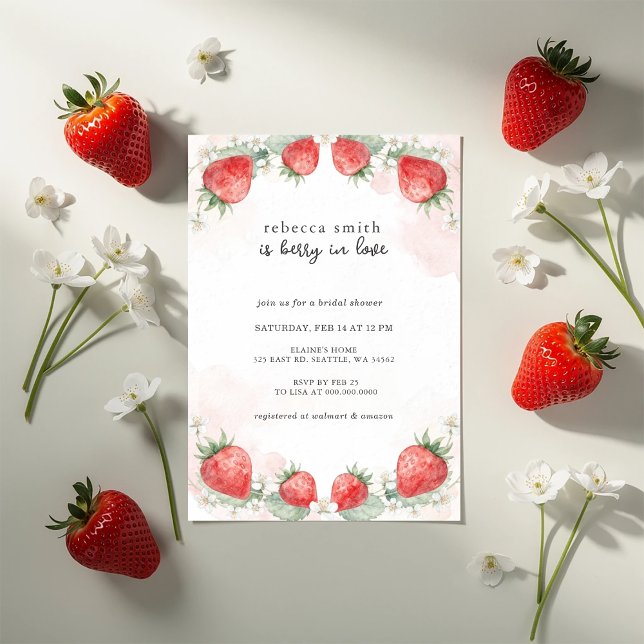 Bär i kärlek Jordgubbs Bröllopsdusch Inbjudningar (Berry in Love Strawberry Bridal Shower Invitation)