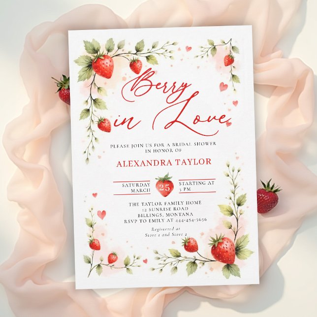 Bär kärlek Jordgubbsträdgård Sommar Bröllopsshower Inbjudningar (berry in love bridal shower invitation card design floral botanical watercolor strawberry garden)