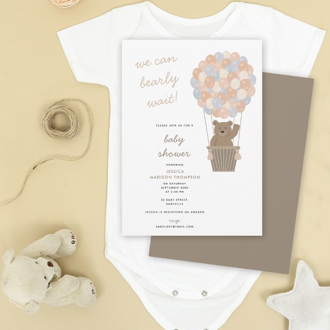 Bär Luftballonger Kön Neutral babystötare Inbjudningar (Cute Bear Hot Air Balloons Gender Neutral Invitation)
