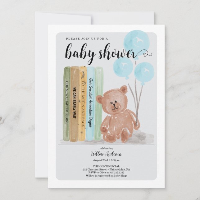 Bär med Bokar Barly Wait Boy Baby Shower Inbjudningar (Framsida)