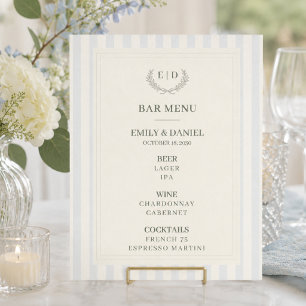 Bar Meny Blå & Salvia Randig Monogram Bröllop Poster
