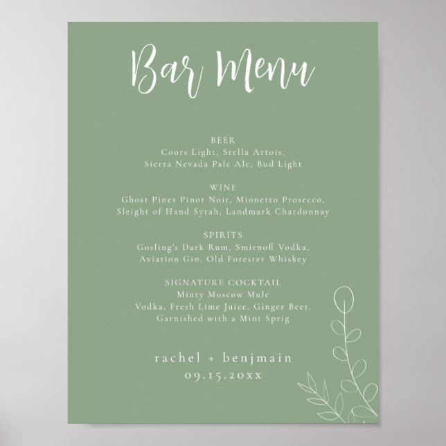 Bar Meny Bröllop Sage Grön Botanisk Minimal Poster (Framsidan)