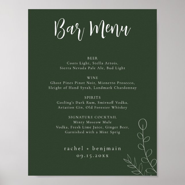 Bar Meny Bröllop Sage Grön Botanisk Minimal Poster (Framsidan)