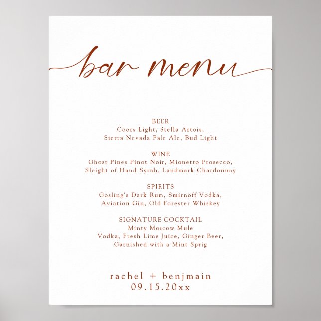 Bar Meny Bröllop Terrakotta Rost Höst Minimal Poster (Framsidan)