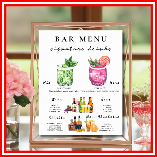 Bar Meny Bröllopskalligrafi Elegant Dricksedel  Poster (Skapare uppladdad)