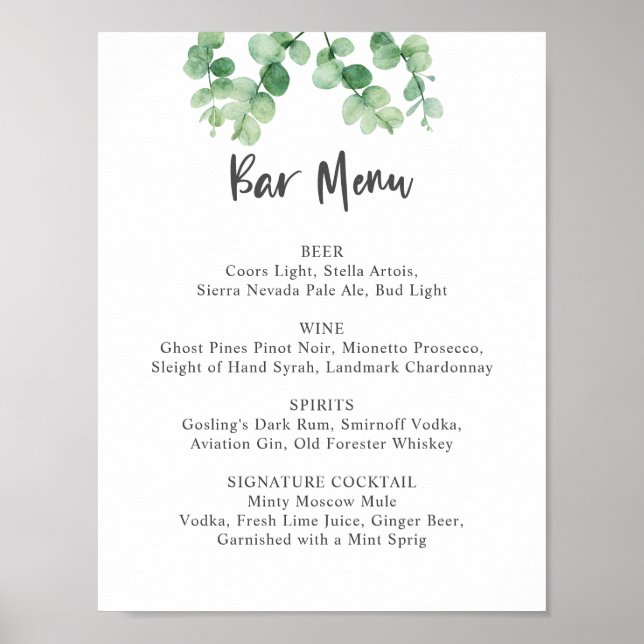 Bar Meny Eukalyptus Bröllop Botanisk Grönska Poster (Framsidan)