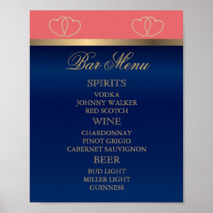 Bar Meny - Korall och Marinblå med Gyllene Hjärtan Poster