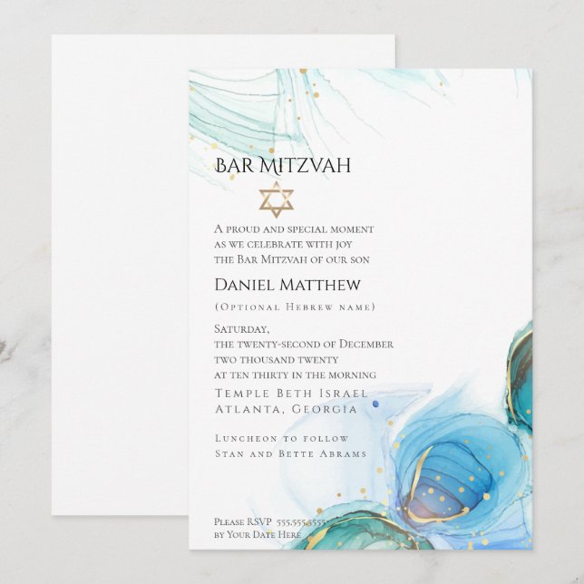 Bar Mitzvah  Blå Abstrakt  Inbjudningar (Fram/baksida)