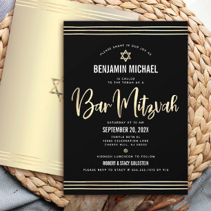 Bar Mitzvah Black Gold Foil Script Bold Modern Inbjudningar