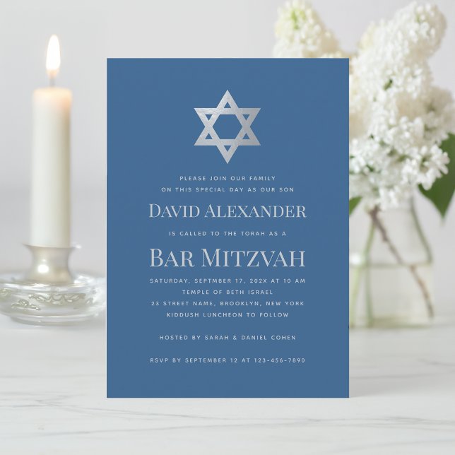 Bar Mitzvah Classic Blue Faux Silver Star of David Inbjudningar (Skapare uppladdad)