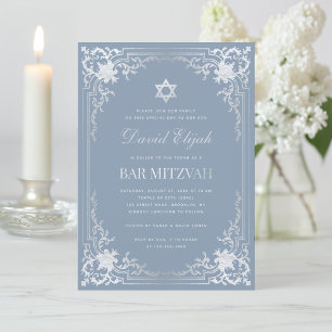 Bar Mitzvah Dammig Blå Falskt Silver Elegant Vinta Inbjudningar
