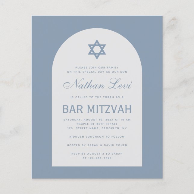 Bar Mitzvah Dammt Blå Båge Stjärna Budget Inbjudan (Framsida)