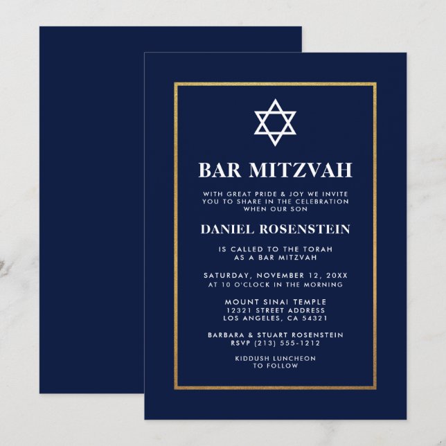 Bar Mitzvah Elegant Inbjudan Blå Guld (Fram/baksida)