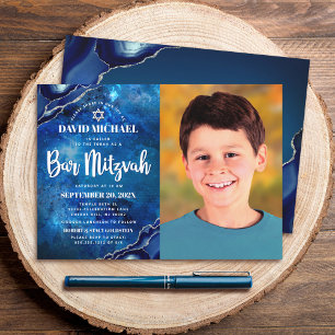 Bar Mitzvah Foto Blå Galaxy Akvarell Agat Inbjudningar