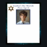Bar Mitzvah Foto Inskrivningsbräda Poster<br><div class="desc">Inskrivningsbräda för din sons Bar Mitzvah. Blå natt himmelskant och vacker blå och gul Davidstjärna. Byt foto till din sons.</div>