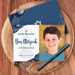 Bar Mitzvah Foto Modern Marinblå Agat Skrift Inbjudningar