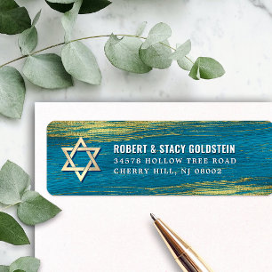 Bar Mitzvah Guld Folie Turkos Returadress Etikett