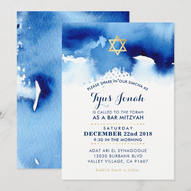 BAR MITZVAH guldstjärna stilfull blå akvarell TYUS Inbjudningar (Fram/baksida)