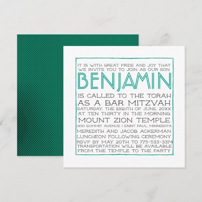 Bar Mitzvah-inbjudan - 2018 Pantone Arcadia Inbjudningar (Fram/baksida)