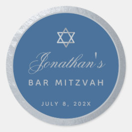 Bar Mitzvah Klassisk Blå Falskt Silver Grå Skrift Runt Klistermärke