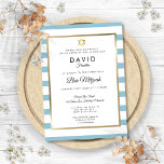 Bar Mitzvah Klassisk Blå Vit Rand Gold Inbjudningar<br><div class="desc">Med en klassisk svart-vit randig bakgrund har denna eleganta Bar Mitzvah-inbjudan en elegant falsk guld folie kant som ramar in dina detaljer i chic typografi. Designad av Thisisnotme©</div>