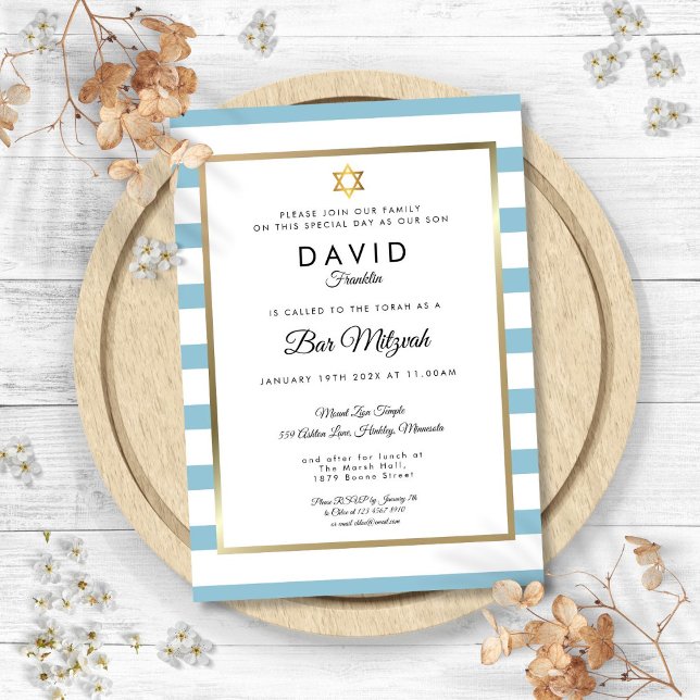 Bar Mitzvah Klassisk Blå Vit Rand Gold Inbjudningar (Bar Mitzvah Classic Blue White Stripe Gold Invitation)