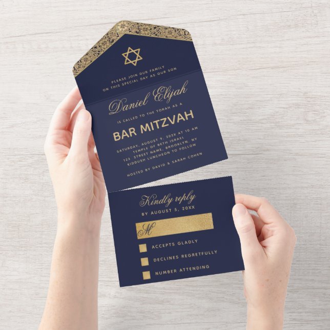 Bar Mitzvah Marinblå Guld Elegant Skriftstil Vinta (Avrivbar del)