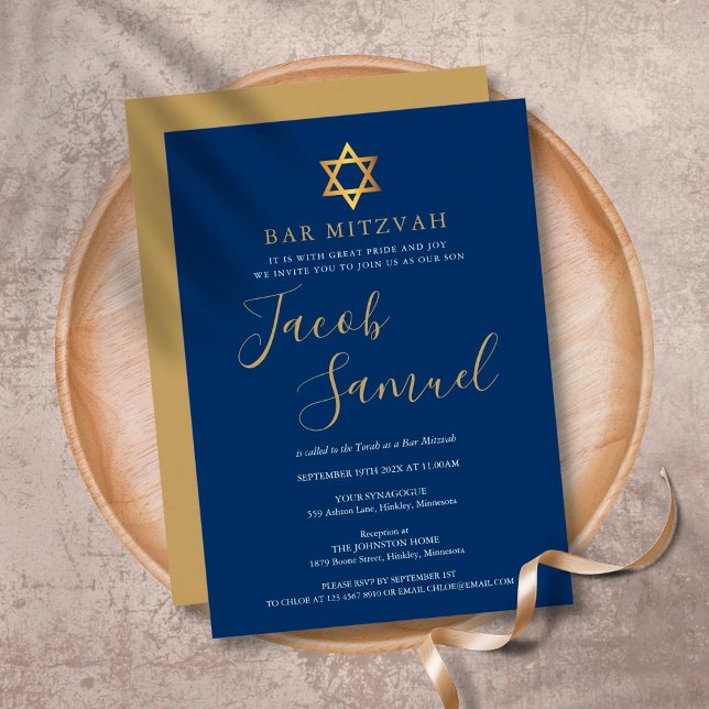 Bar Mitzvah Marinblå Guld Script Inbjudan (Skapare uppladdad)