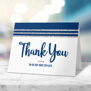 Bar Mitzvah Marinblå Silver Tallit Modern Skriftst Tack Kort