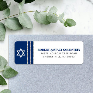 Bar Mitzvah Marinblå Silver Tallit Returadress Etikett