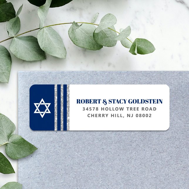 Bar Mitzvah Marinblå Silver Tallit Returadress Etikett (Skapare uppladdad)
