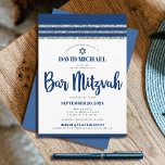 Bar Mitzvah Marinblå Skript Enkel Modern Tallit Inbjudningar<br><div class="desc">Var stolt, gläd dig och visa upp denna milstolpe för din favorit Bar Mitzvah! Skicka ut denna coola, unika, moderna, personliga inbjudan till ett evenemang att minnas. Fet, marinblå scripttypografi, Davidsstjärna och en marinblå och silverglittrig randig tallit-inspirerad grafisk överläggning på en enkel, vit bakgrund. Anpassa den anpassade texten med din...</div>