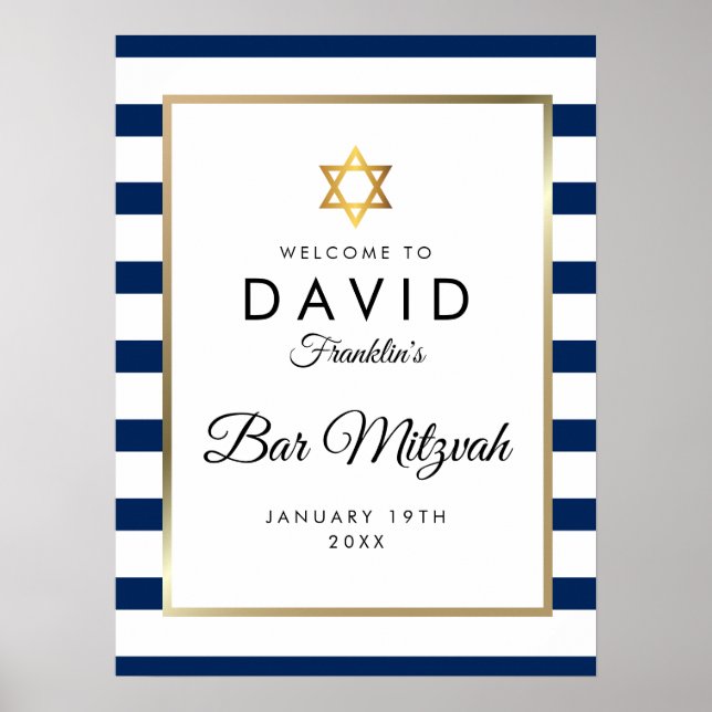 Bar Mitzvah Marinblå Vit Guld Välkomstskylt Poster (Framsidan)