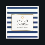 Bar Mitzvah Marinblå Vit Rand Guld Pappersservett<br><div class="desc">Med en klassisk blå och vit randig bakgrund har denna eleganta Bar Mitzvah-servett en elegant falsk guld-folie-kant som ramar in dina detaljer i chic typografi. Designad av Thisisnotme</div>