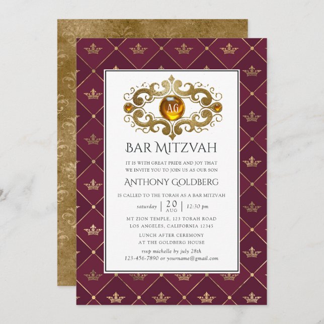 Bar mitzvah med heraldiskt monogram i burgunder oc inbjudningar (Fram/baksida)
