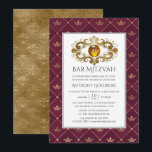 Bar mitzvah med heraldiskt monogram i burgunder oc inbjudningar<br><div class="desc">Lyxig vintage kron-gitter bar mitzvah-inbjudan med monogramsten och en gyllene damaskrevers.</div>