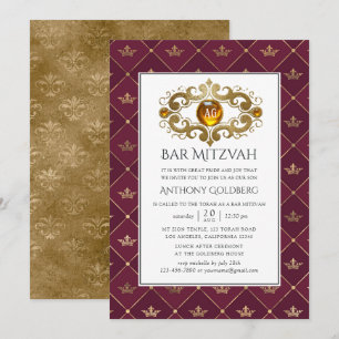 Bar mitzvah med heraldiskt monogram i burgunder oc inbjudningar