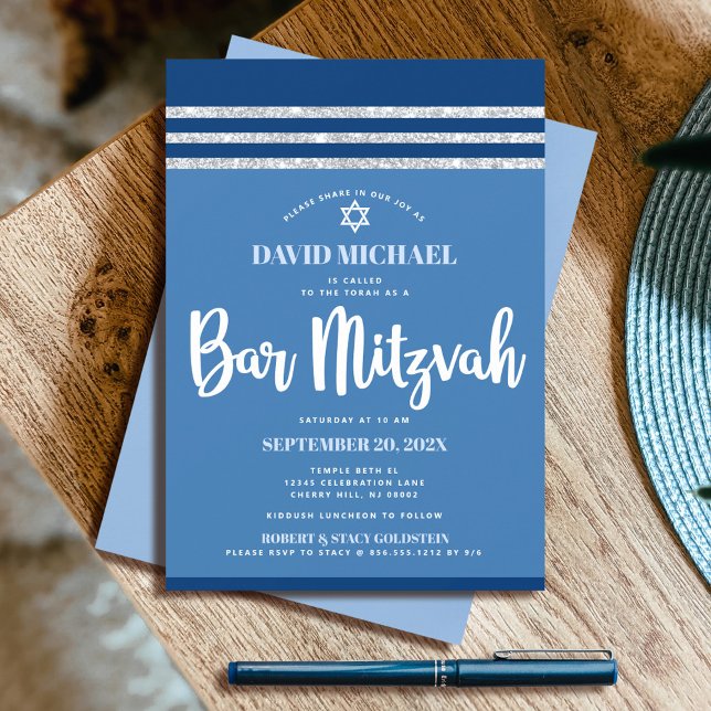 Bar Mitzvah Modern Blå Silver Tallit Fet Stilsnitt Inbjudningar (Skapare uppladdad)