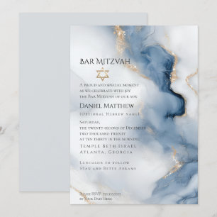 Bar Mitzvah Modern dammig blå marmorerad agat Inbjudningar