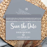 Bar Mitzvah Modern fet grå silver Tallit-skrift Spara Datumet<br><div class="desc">Se till att alla dina vänner och släktingar kan fira din sons stora Bar Mitzvah! Skicka ut detta coola, unika, moderna, personliga "Spara datumet"-kort. Fet, vit scripttypografi, Davidsstjärna och en mjuk grå och silver glitterstripig tallit-inspirerad grafik överlagrar en enkel, ljusare mjukgrå bakgrund. Anpassa den anpassade texten med din Bar Mitzvahs...</div>