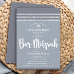 Bar Mitzvah Modern Grå Silver Tallit Enkel Djärv Inbjudningar<br><div class="desc">Var stolt, jubla och visa upp denna milstolpe för din favorit Bar Mitzvah! Skicka ut denna coola, unika, moderna, personliga inbjudan till ett evenemang att minnas. Fet, vit scripttypografi, Davidsstjärna och en mjuk grå och silver glitterrandig tallit inspirerad grafisk överlagring på en enkel, ljusare mjuk grå bakgrund. Anpassa den anpassade...</div>