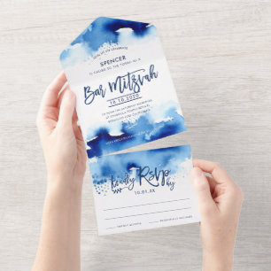 BAR MITZVAH modern handletterad blå akvarell