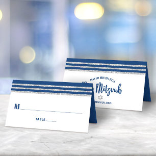 Bar Mitzvah Modern Marinblå Silver Tallit Script Placeringskort
