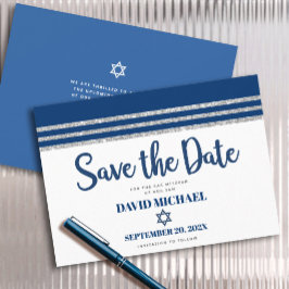 Bar Mitzvah Modern Marinblå Silver Tallit Script Spara Datumet